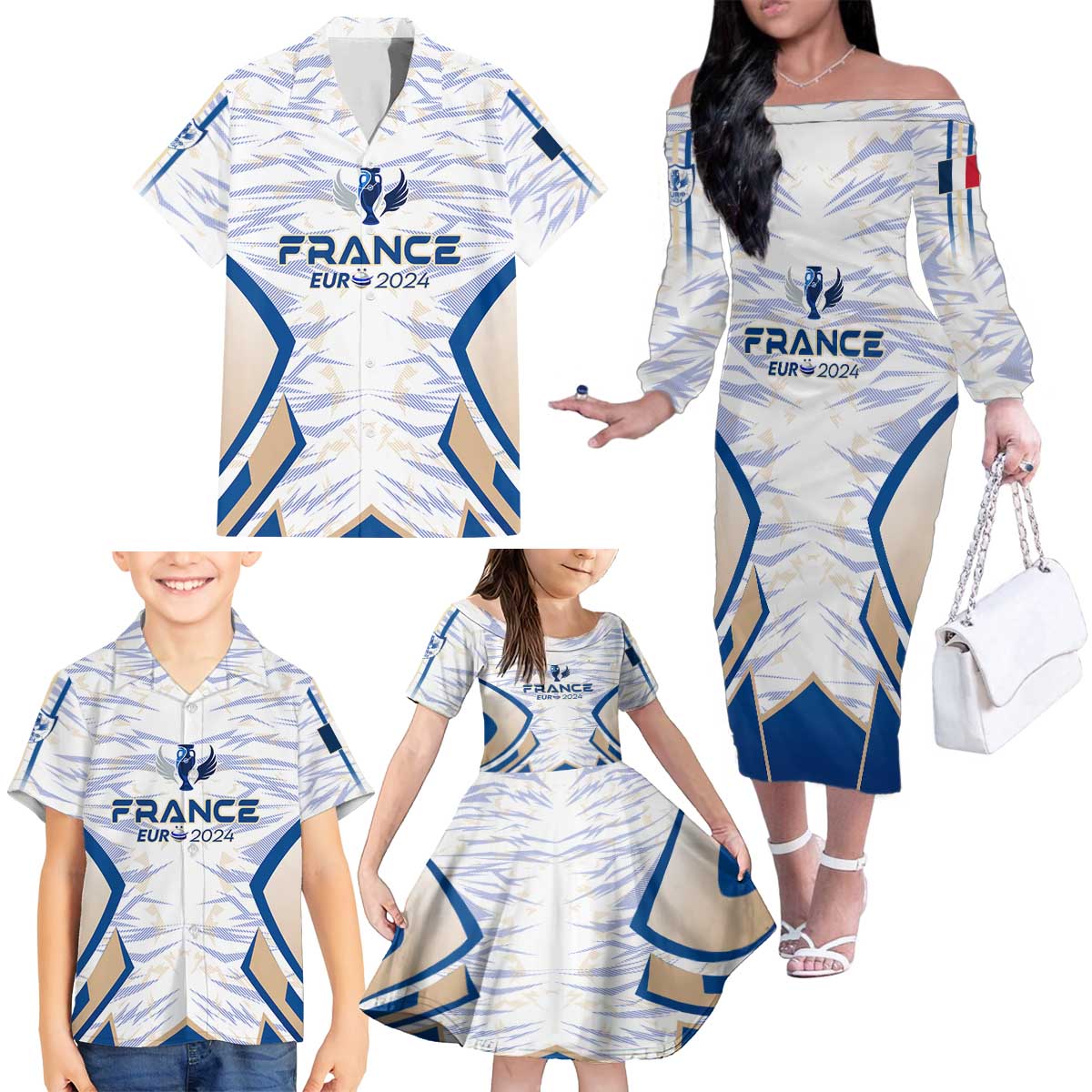 Personalized France Football 2024 Family Matching Off The Shoulder Long Sleeve Dress and Hawaiian Shirt Trophy Wing Style - Wonder Print Shop