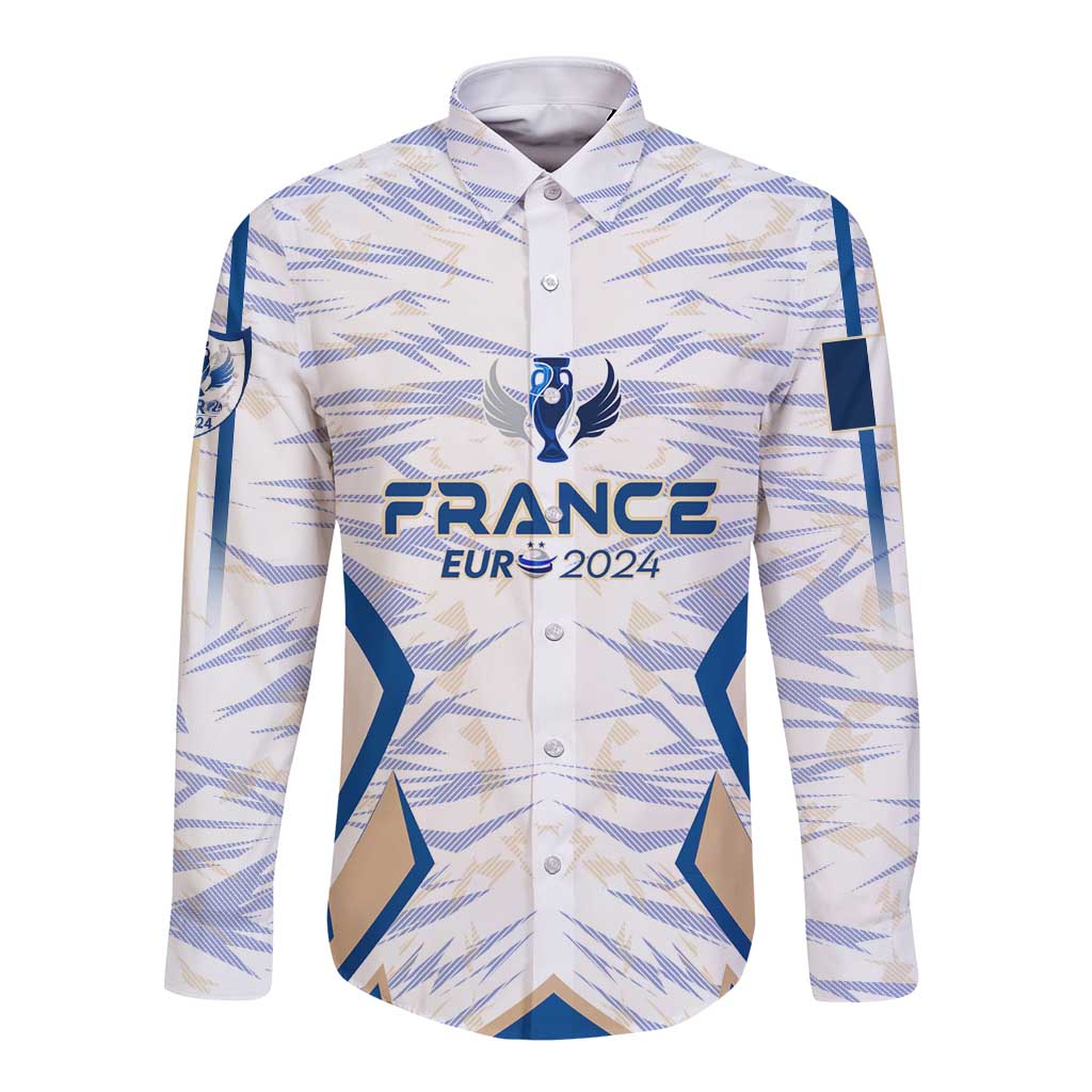 Hooded long-sleeve button-up soccer shirt, white with blue France 2024 wing graphic