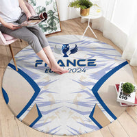 Round France EURO 2024 trophy rug, blue logo and border on light gray-beige