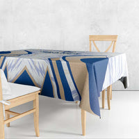 Blue-and-white France-themed tablecloth with patterned panels and scalloped drape