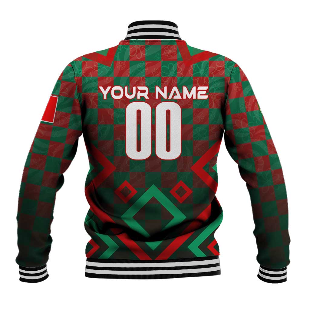 Green/red checkered baseball jacket back with YOUR NAME and 00 print, ribbed hem
