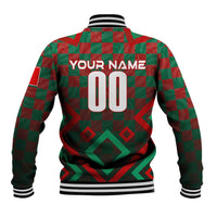 Green/red checkered baseball jacket back with YOUR NAME and 00 print, ribbed hem