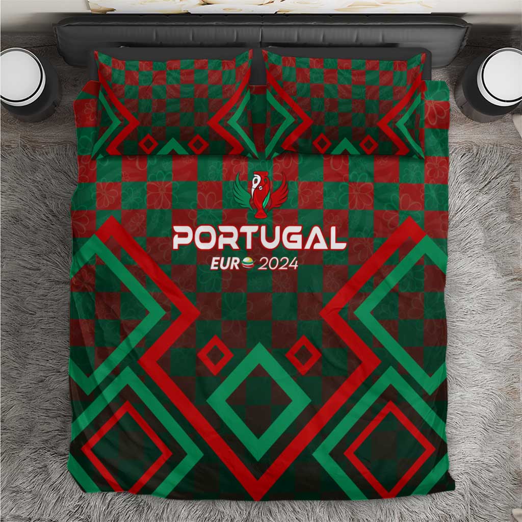 Portugal bedding set: green/red geometric pattern with crest and “Portugal EUR 2024” on duvet.