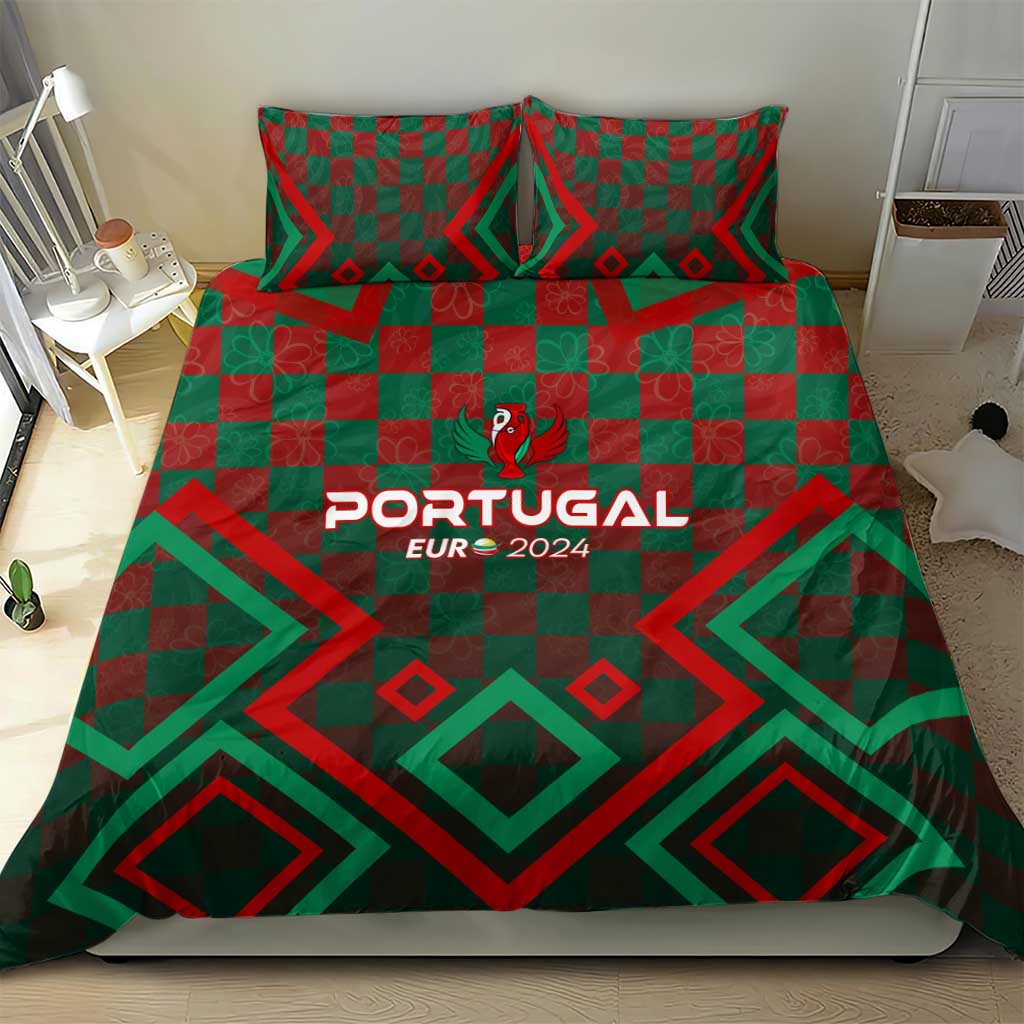 Portugal bedding set close view: green/red check and arrow design with “Portugal EUR 2024” on duvet.