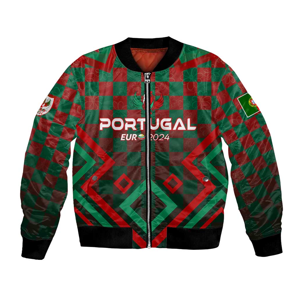 Portugal Euro 2024 bomber jacket, green/red check graphic, front zipper