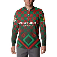 Green and red check button sweatshirt with Portugal Euro 2024 front graphic on model.