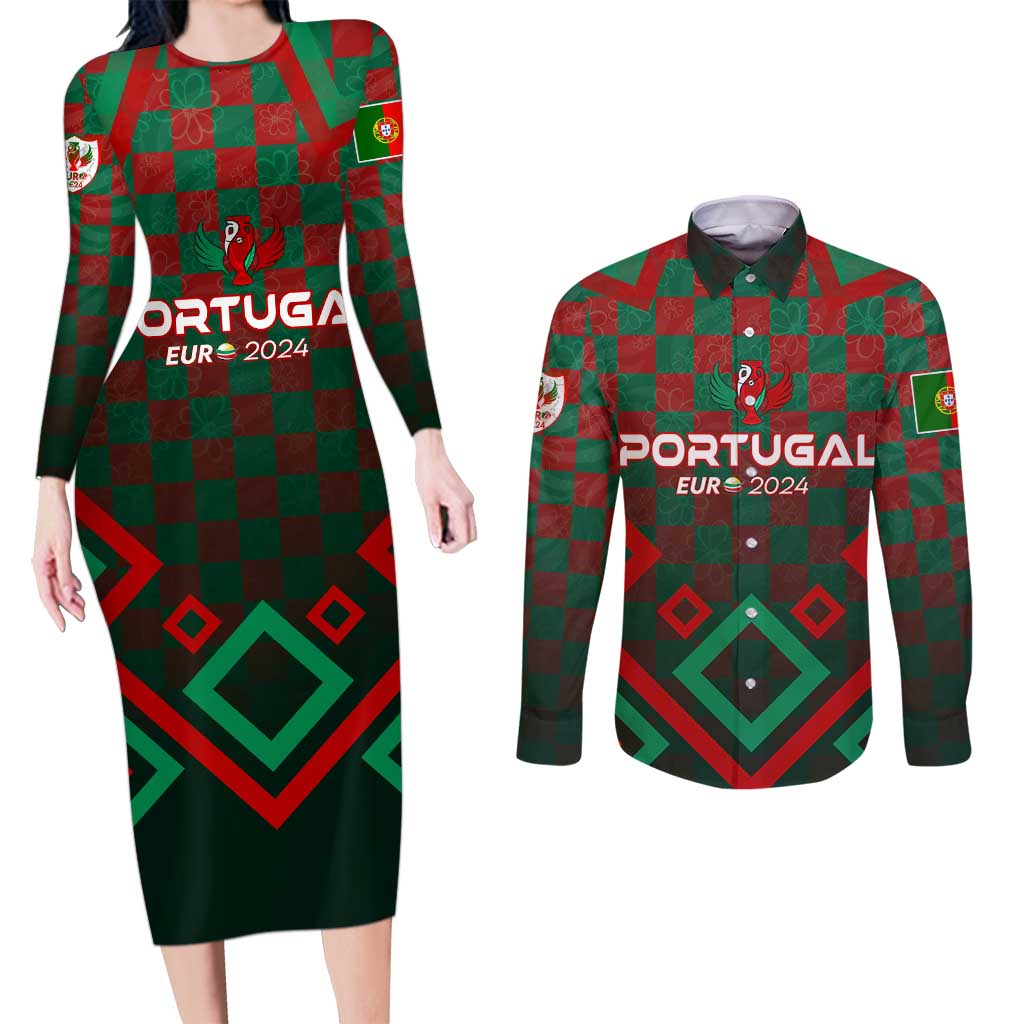 Personalized Portugal Football 2024 Couples Matching Long Sleeve Bodycon Dress and Long Sleeve Button Shirt Trophy Wing Style - Wonder Print Shop