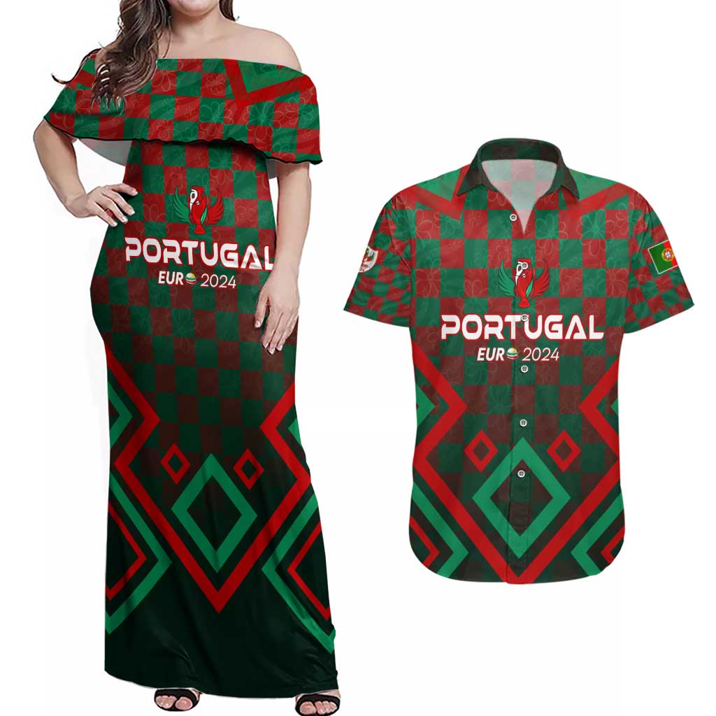 Personalized Portugal Football 2024 Couples Matching Off Shoulder Maxi Dress and Hawaiian Shirt Trophy Wing Style - Wonder Print Shop