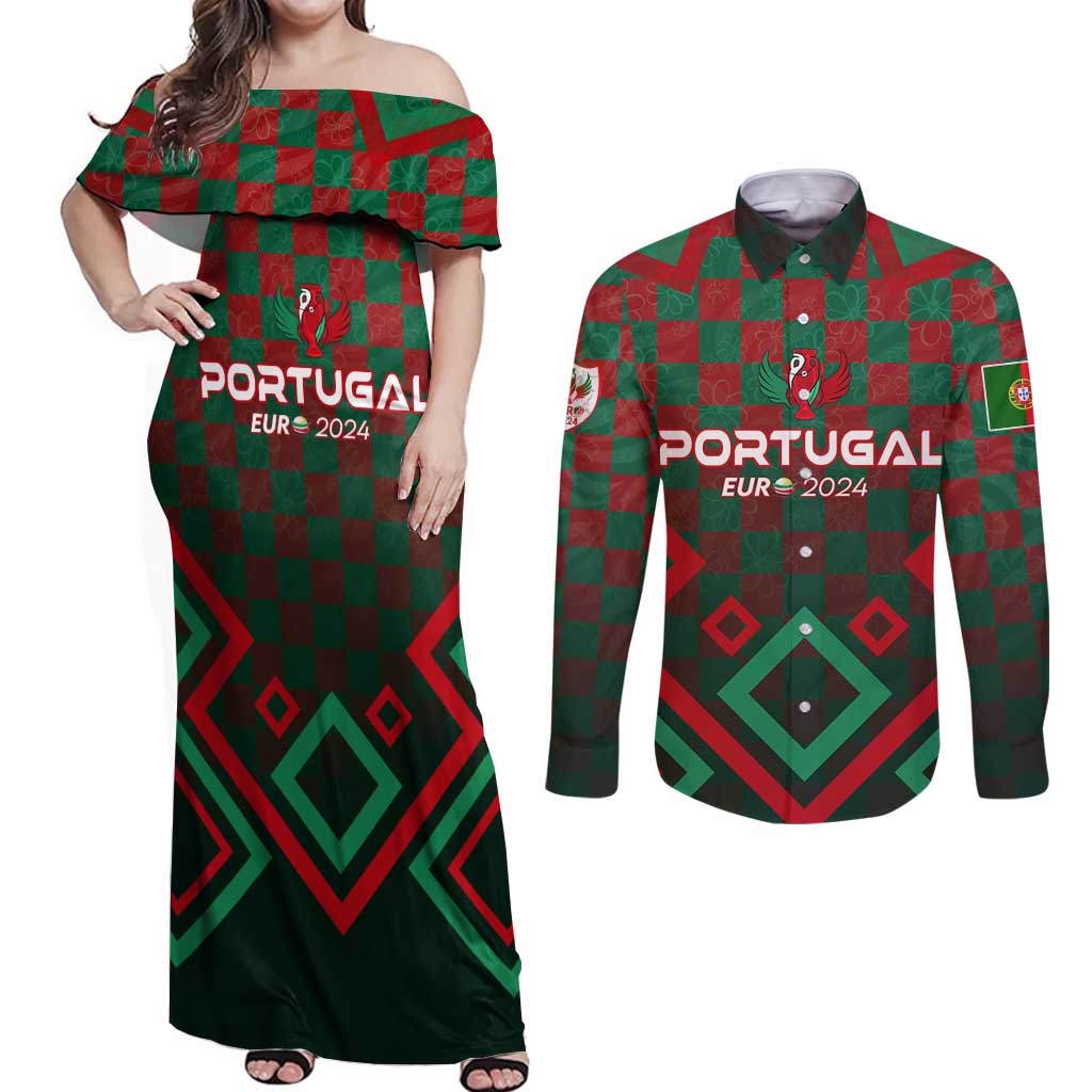 Personalized Portugal Football 2024 Couples Matching Off Shoulder Maxi Dress and Long Sleeve Button Shirt Trophy Wing Style - Wonder Print Shop