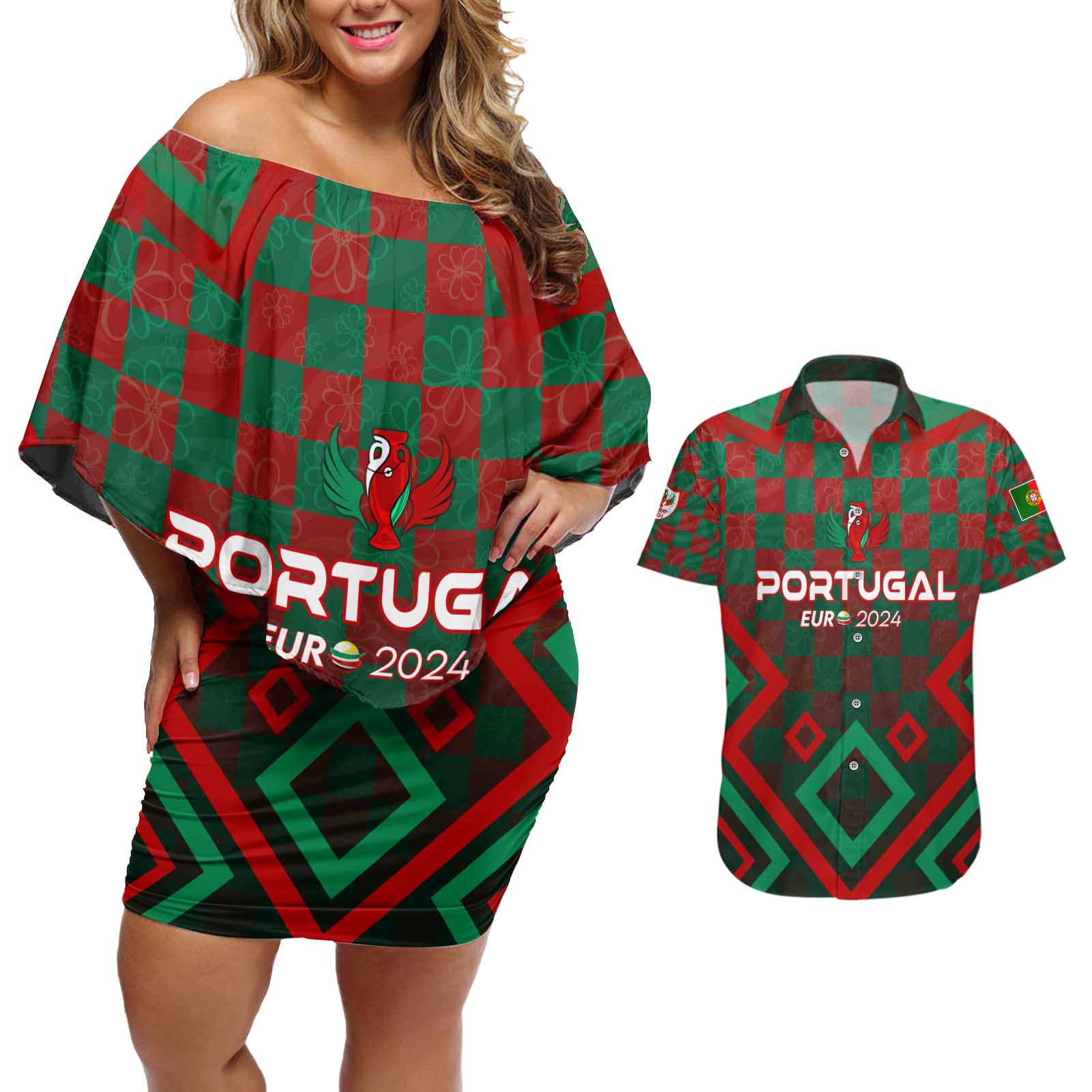 Personalized Portugal Football 2024 Couples Matching Off Shoulder Short Dress and Hawaiian Shirt Trophy Wing Style - Wonder Print Shop