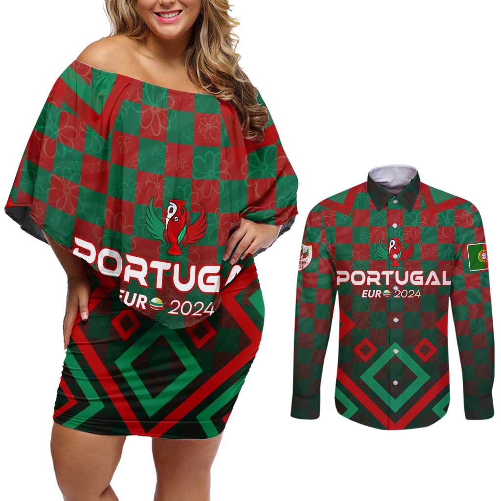 Personalized Portugal Football 2024 Couples Matching Off Shoulder Short Dress and Long Sleeve Button Shirt Trophy Wing Style - Wonder Print Shop