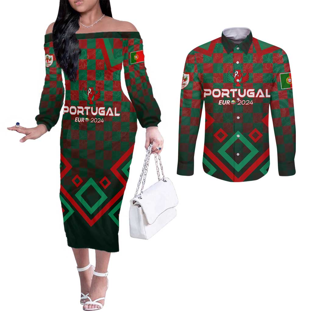 Personalized Portugal Football 2024 Couples Matching Off The Shoulder Long Sleeve Dress and Long Sleeve Button Shirt Trophy Wing Style