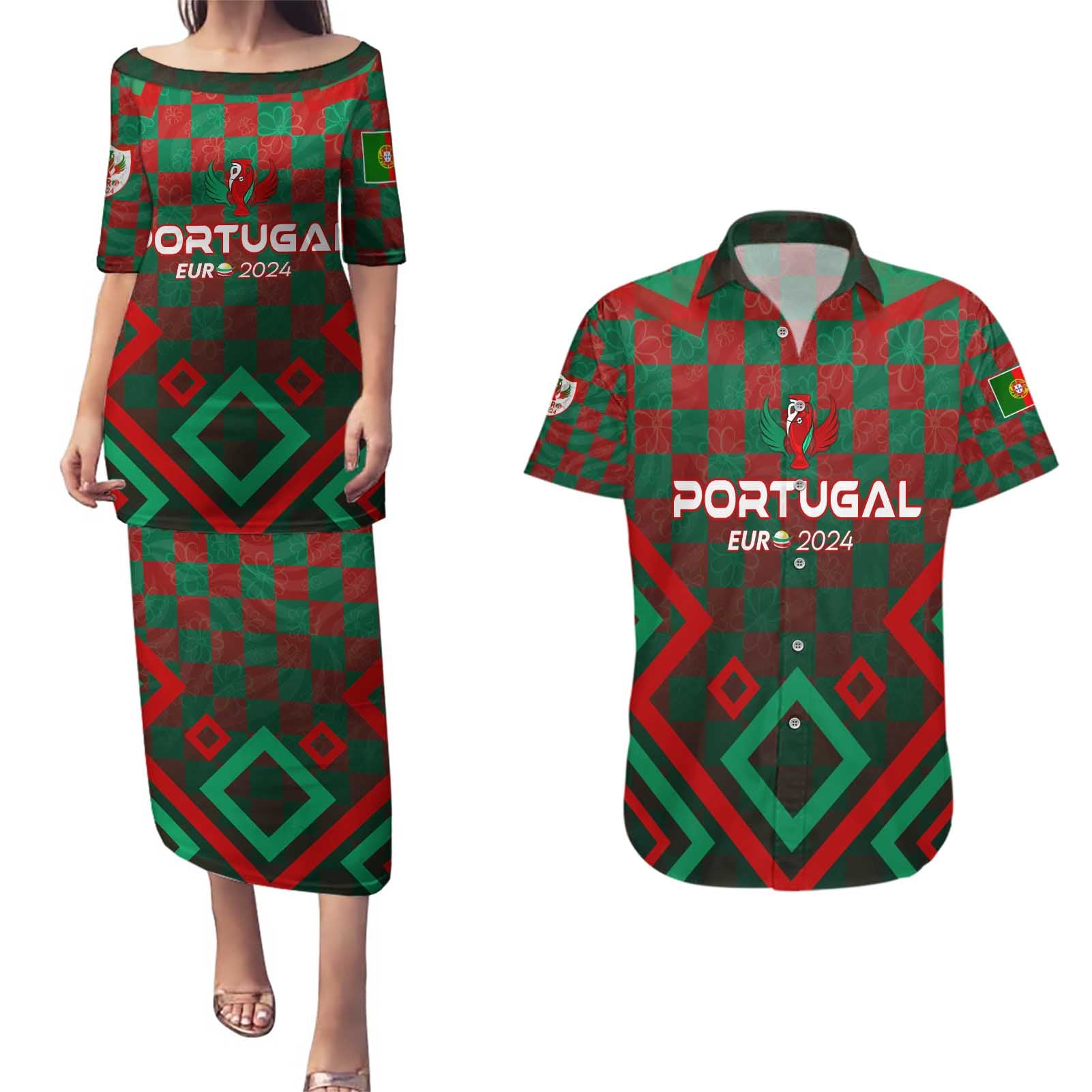 Personalized Portugal Football 2024 Couples Matching Puletasi and Hawaiian Shirt Trophy Wing Style - Wonder Print Shop