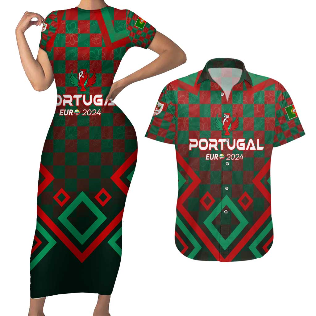 Personalized Portugal Football 2024 Couples Matching Short Sleeve Bodycon Dress and Hawaiian Shirt Trophy Wing Style - Wonder Print Shop