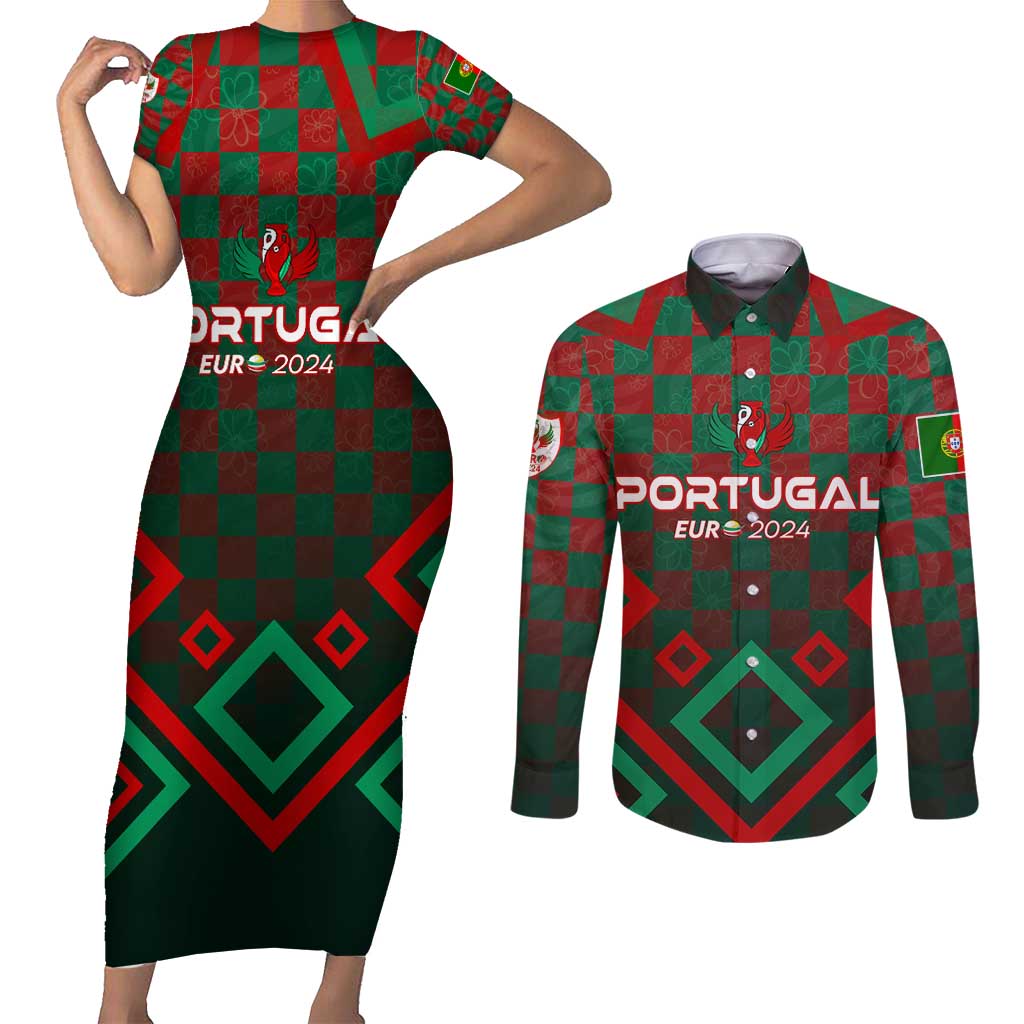 Personalized Portugal Football 2024 Couples Matching Short Sleeve Bodycon Dress and Long Sleeve Button Shirt Trophy Wing Style - Wonder Print Shop