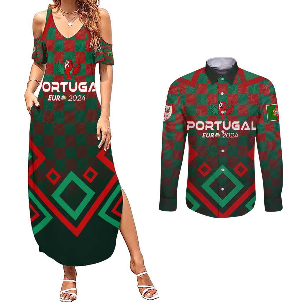 Personalized Portugal Football 2024 Couples Matching Summer Maxi Dress and Long Sleeve Button Shirt Trophy Wing Style - Wonder Print Shop