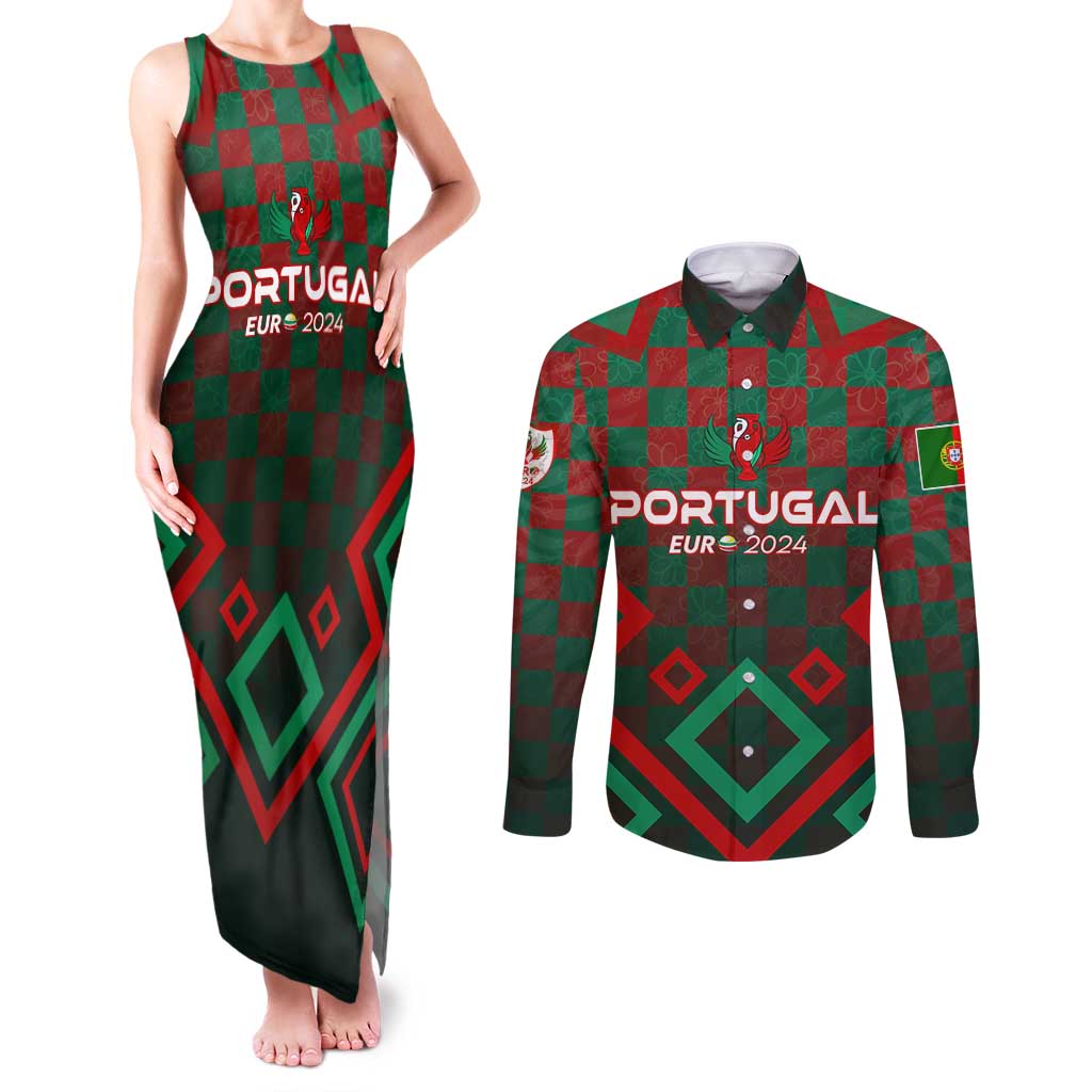 Personalized Portugal Football 2024 Couples Matching Tank Maxi Dress and Long Sleeve Button Shirt Trophy Wing Style - Wonder Print Shop