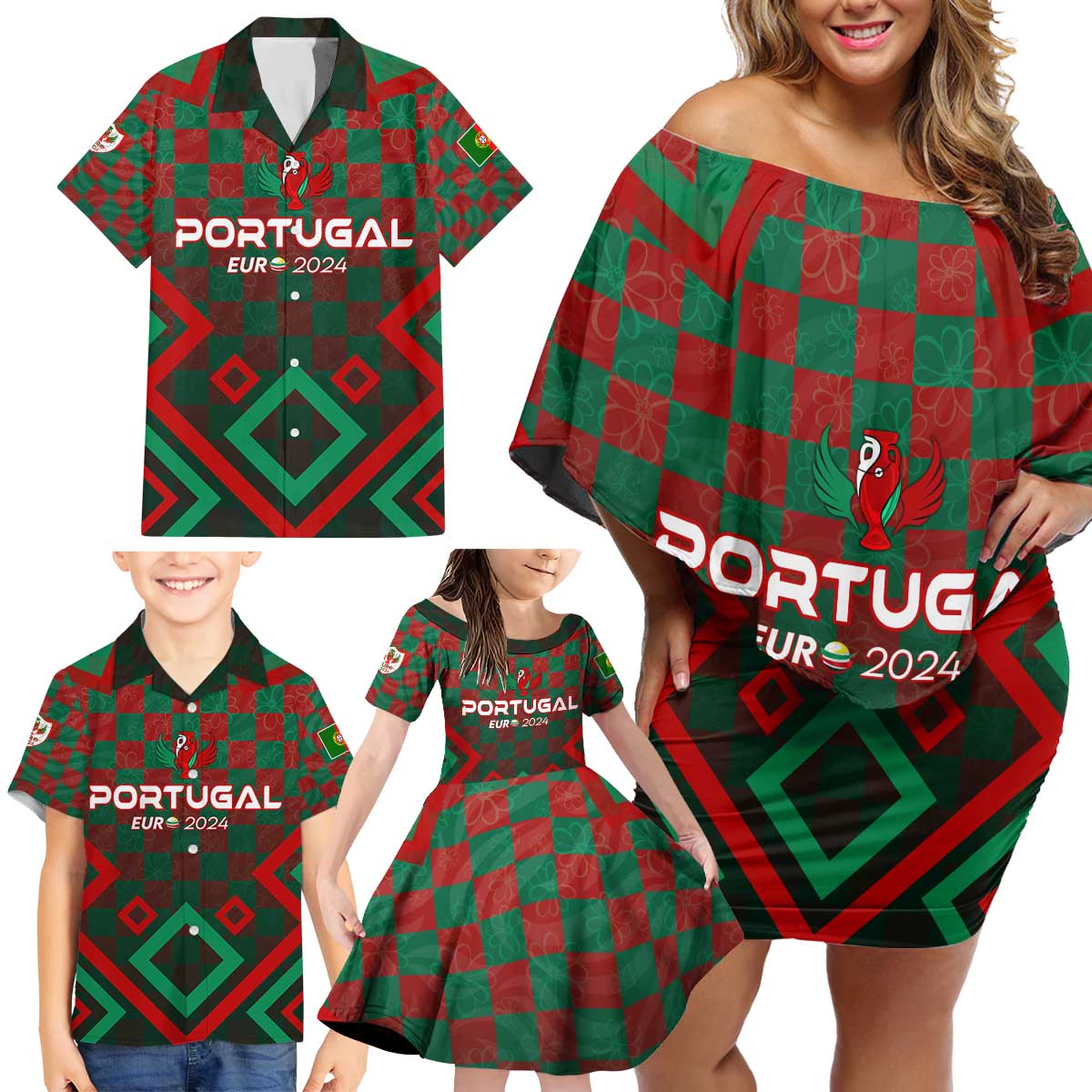 Personalized Portugal Football 2024 Family Matching Off Shoulder Short Dress and Hawaiian Shirt Trophy Wing Style - Wonder Print Shop