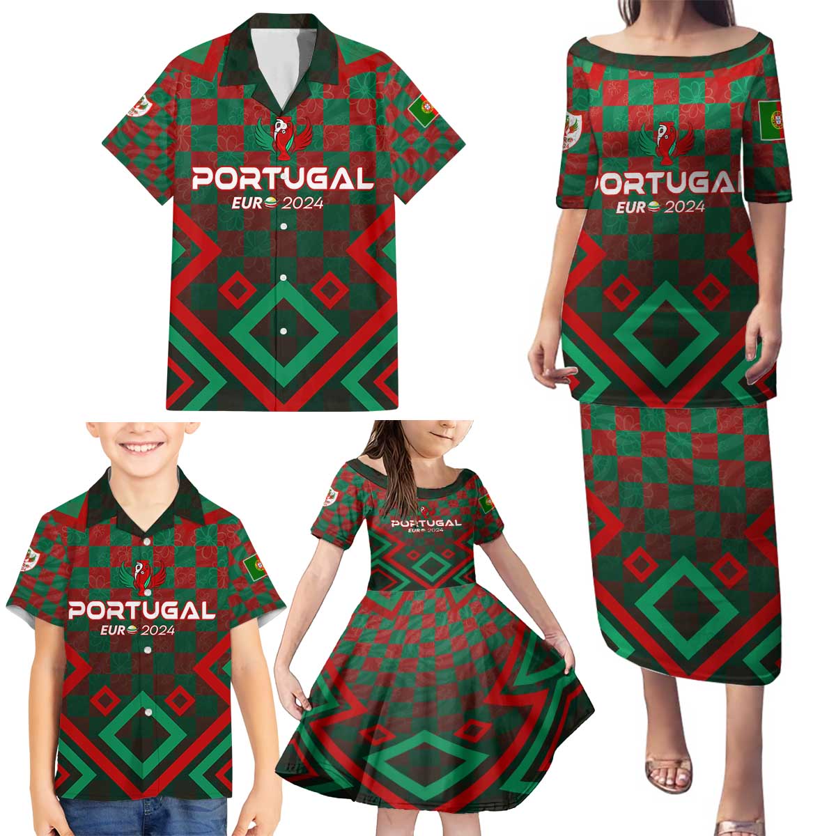 Personalized Portugal Football 2024 Family Matching Puletasi and Hawaiian Shirt Trophy Wing Style - Wonder Print Shop