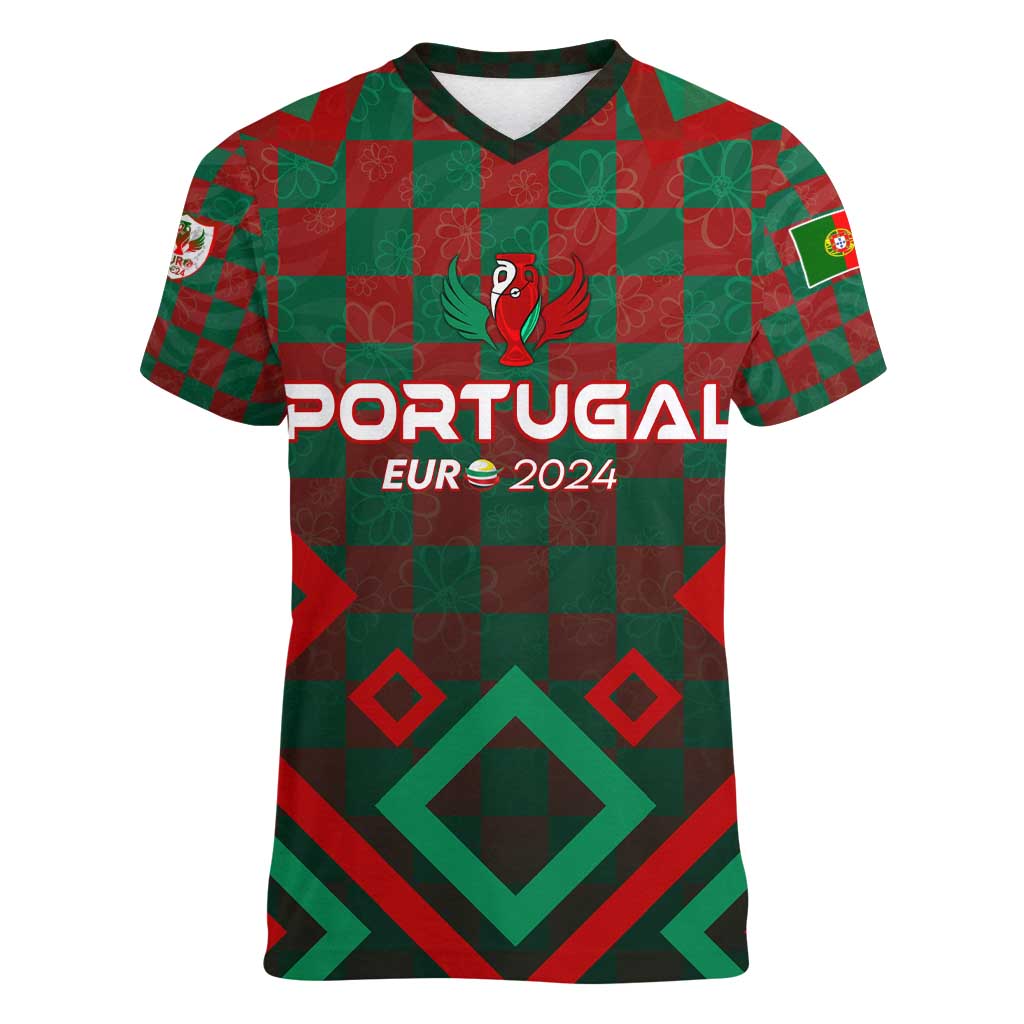 Personalized Portugal Football 2024 Women V-Neck T-Shirt Trophy Wing Style - Wonder Print Shop