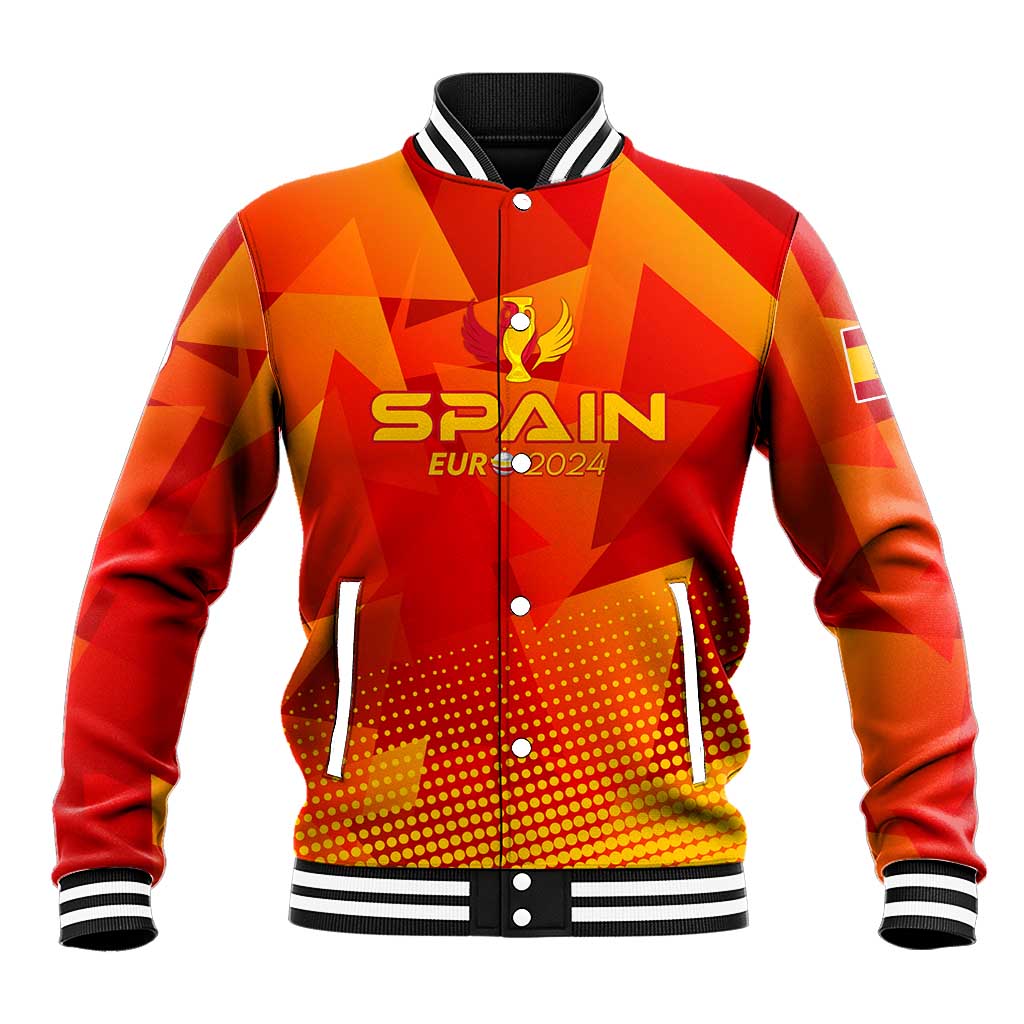 Red Spain baseball jacket, striped varsity collar, snap buttons, crest and 'SPAIN EURO 2024'