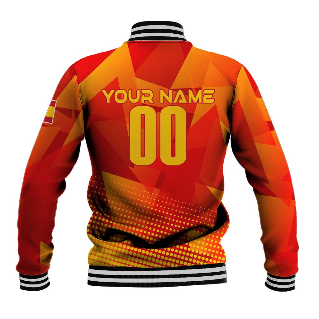 Red Spain baseball jacket back, striped collar, dotted hem, 'YOUR NAME 00' print