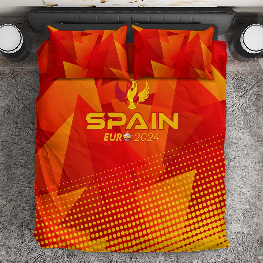 Top view of Spain Euro 2024 bedding set, red and orange with SPANI and trophy