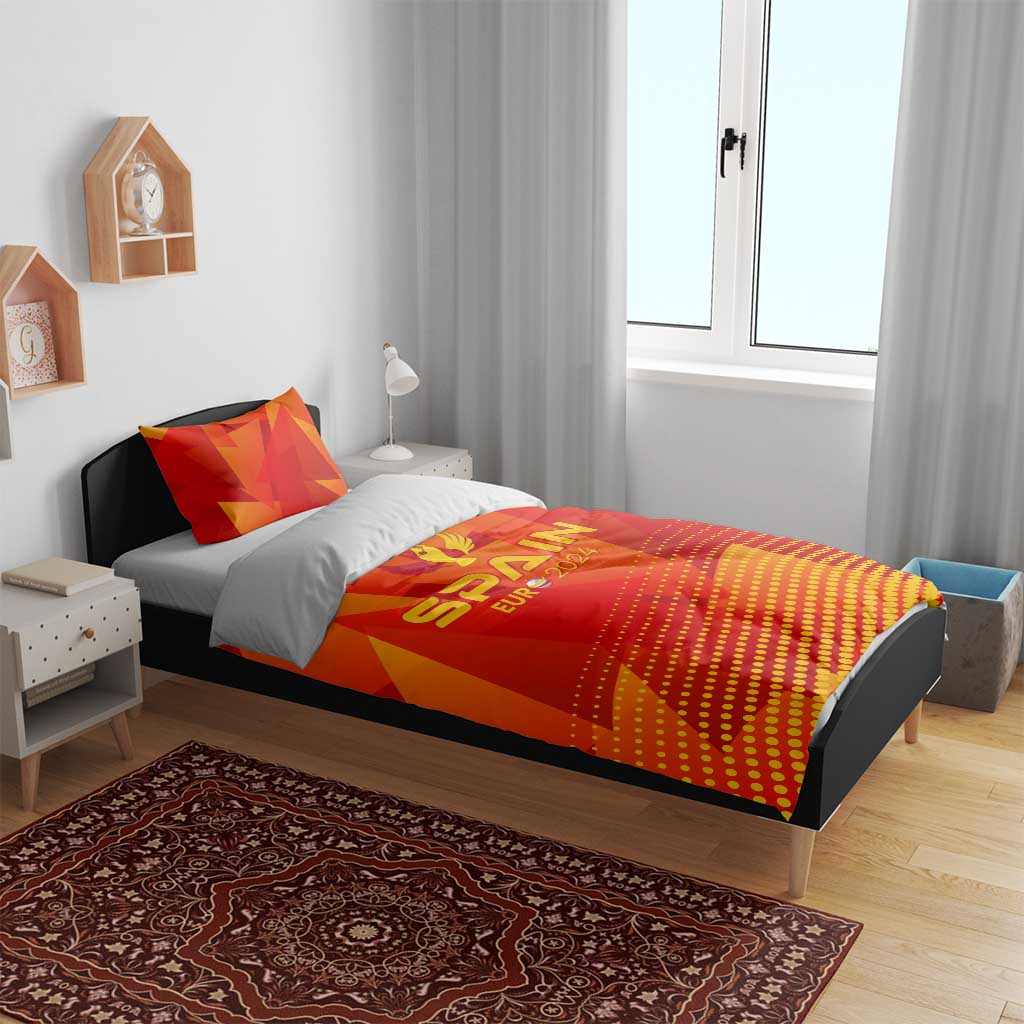 Red and orange Spain Euro 2024 bedding set with matching pillows on a bed