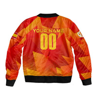 Red bomber jacket back with 'YOUR NAME' and number graphic, black ribbed hem and cuffs