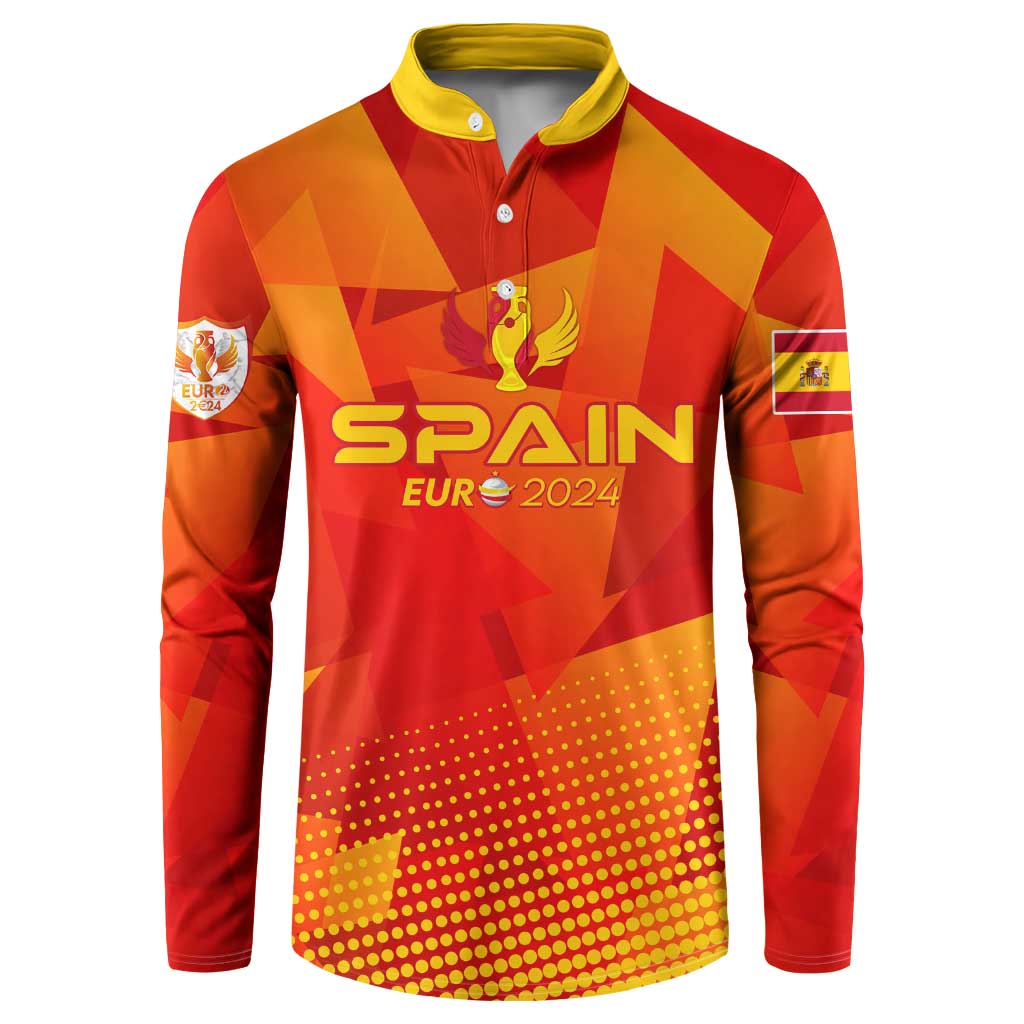 Red Spain football button sweatshirt with yellow collar, Spain EUR 2024 graphic.