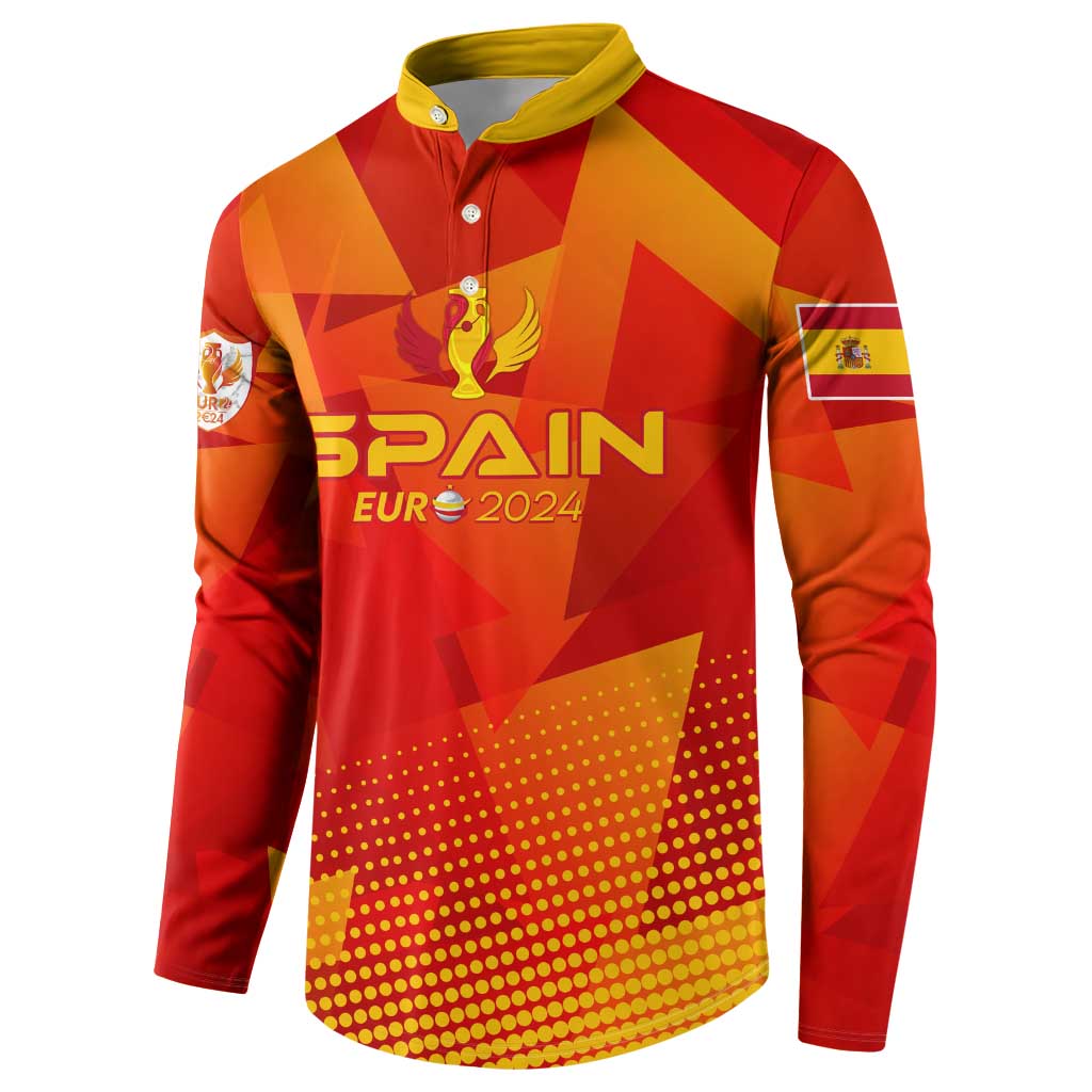 Red football button sweatshirt, side view, yellow collar, Spain EUR 2024 logo.
