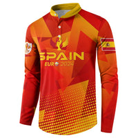 Red football button sweatshirt, side view, yellow collar, Spain EUR 2024 logo.