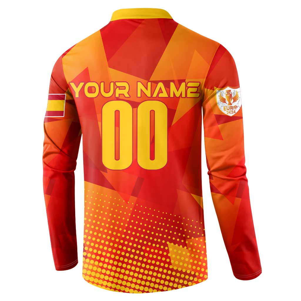Red football button sweatshirt back with "YOUR NAME 00" and tournament badge patch.