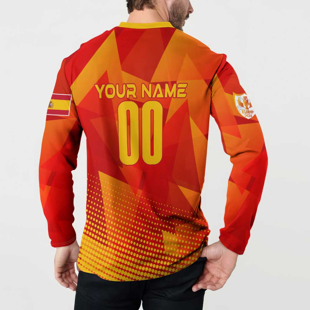 Red football button sweatshirt back on model with "YOUR NAME 00" and badge patch.