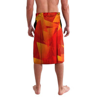 Back view of knee-length red-orange geometric soccer shorts with elastic waistband