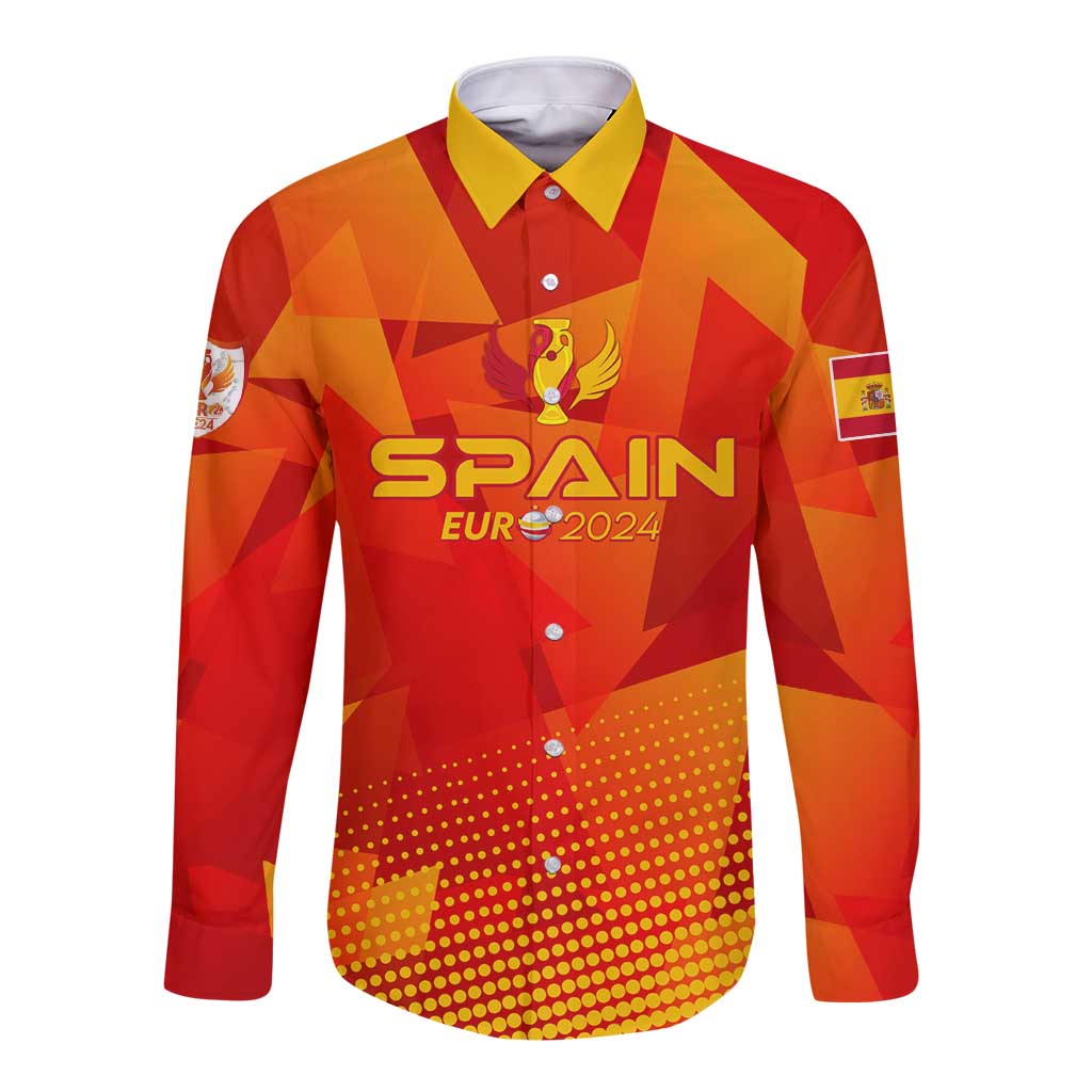 Red and orange long-sleeve button football shirt with Spain crest and 2024 logo