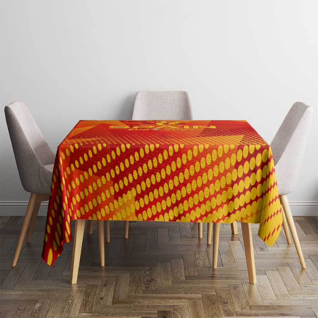 Red Spain Euro 2024 tablecloth covering table with matching overhang