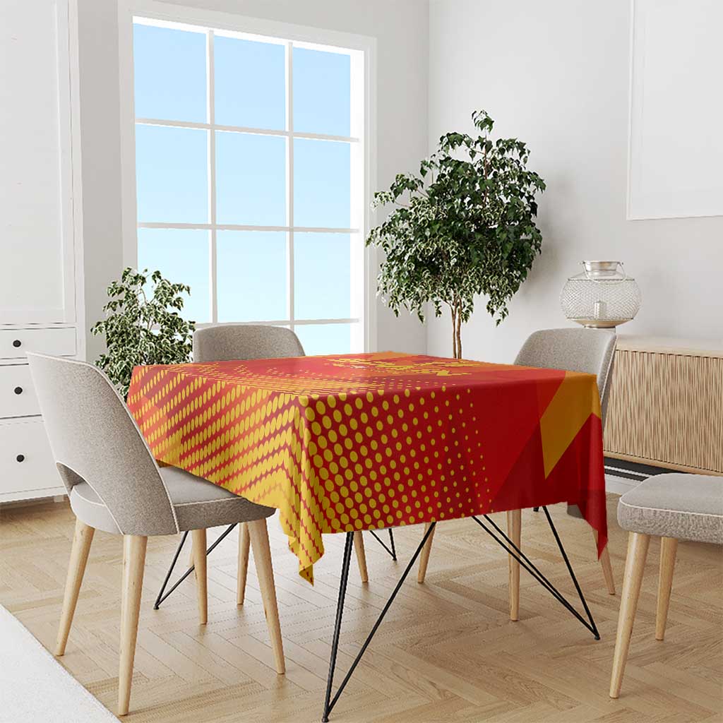 Red Spain Euro 2024 tablecloth on dining table with dotted geometric pattern