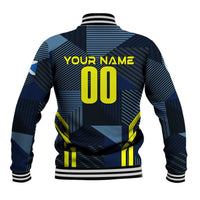 Back view of blue and black personalized football varsity jacket with 'YOUR NAME' and number 00