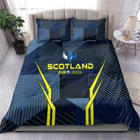 Blue bedding set with 'SCOTLAND EUR 2024' center print, crest and yellow trim lines