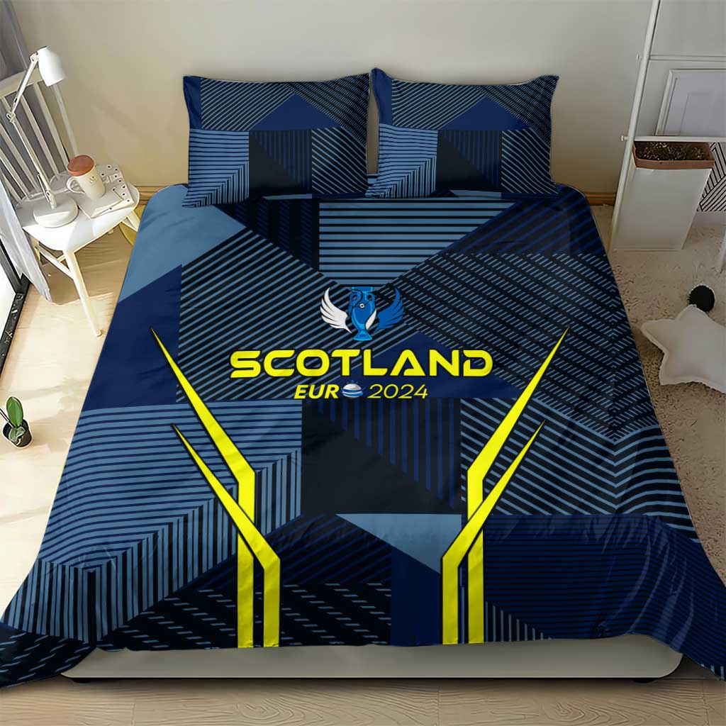 Blue bedding set with 'SCOTLAND EUR 2024' logo, crest emblem and yellow graphic stripes