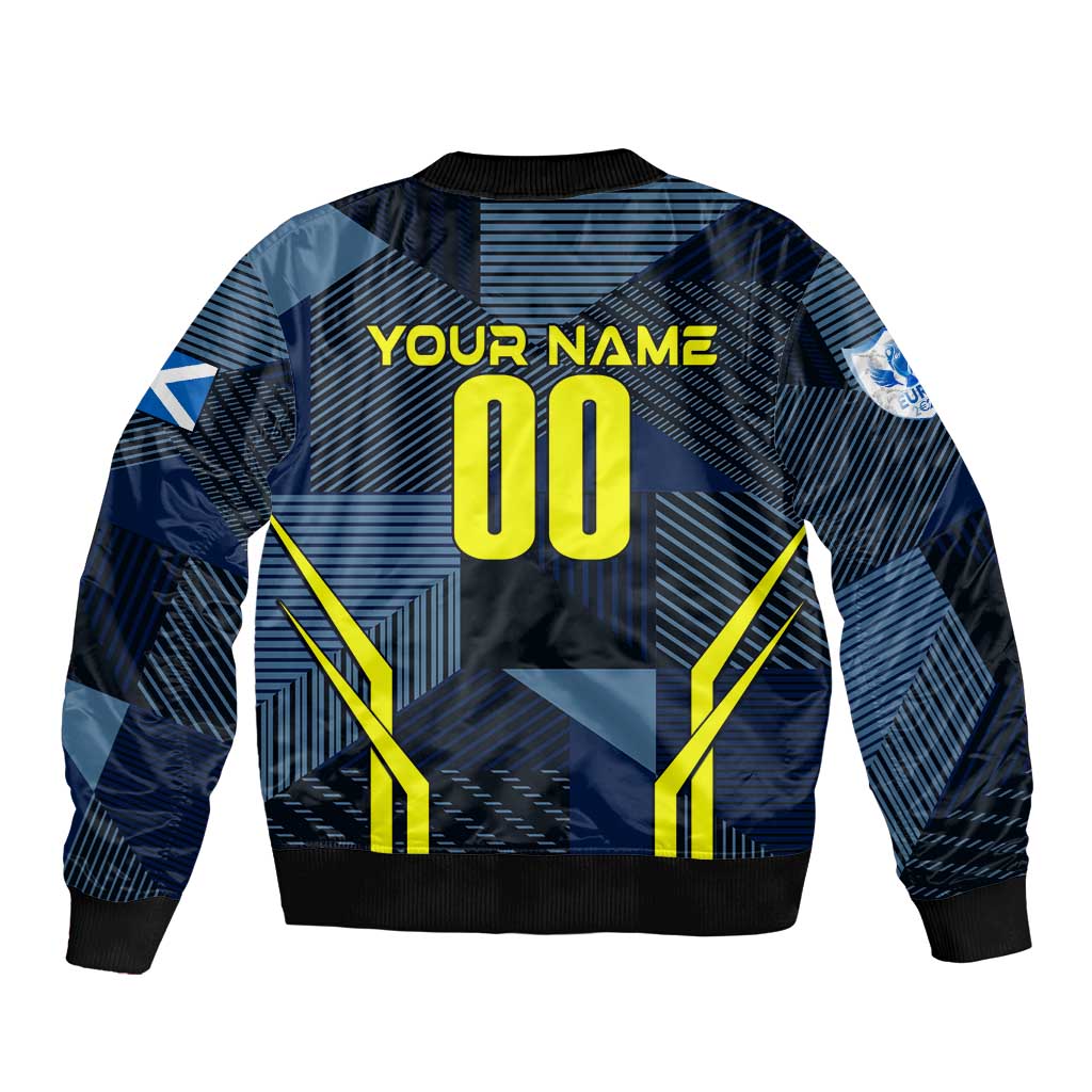 Unisex blue bomber jacket with zip, back Your Name and number 00, yellow wing graphics