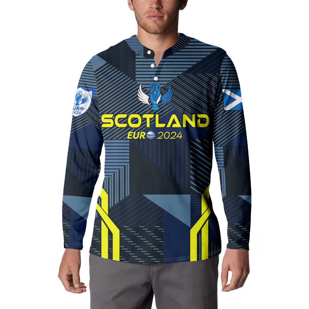Personalized Scotland football button sweatshirt worn, blue front with Scotland EUR 2024 graphic