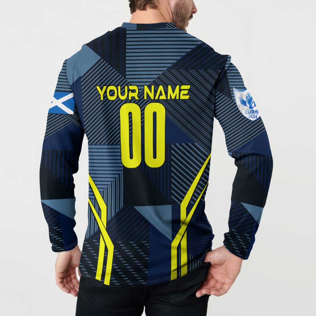 Personalized Scotland football button sweatshirt worn back, YOUR NAME and 00 on blue