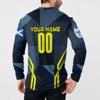Personalized Scotland football button sweatshirt worn back, YOUR NAME and 00 on blue