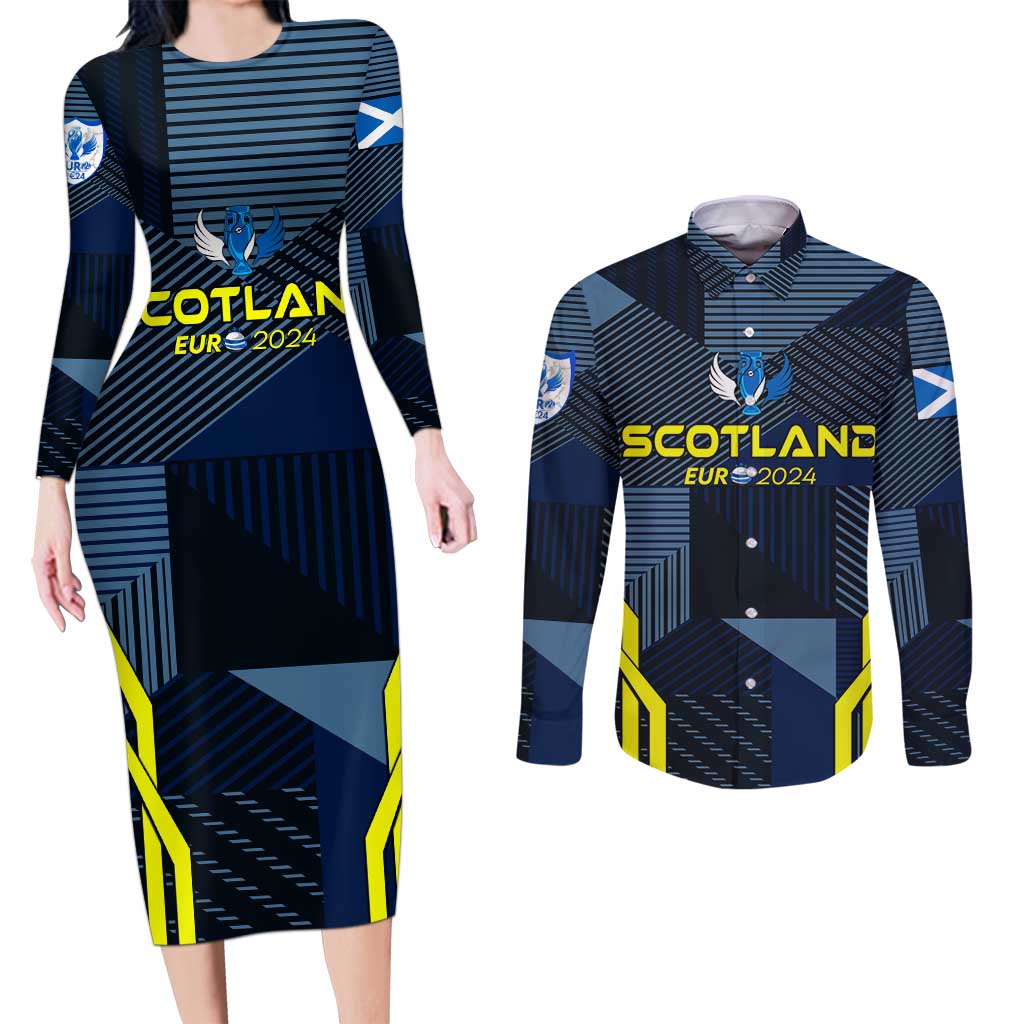 Personalized Scotland Football 2024 Couples Matching Long Sleeve Bodycon Dress and Long Sleeve Button Shirt Trophy Wing Style - Wonder Print Shop