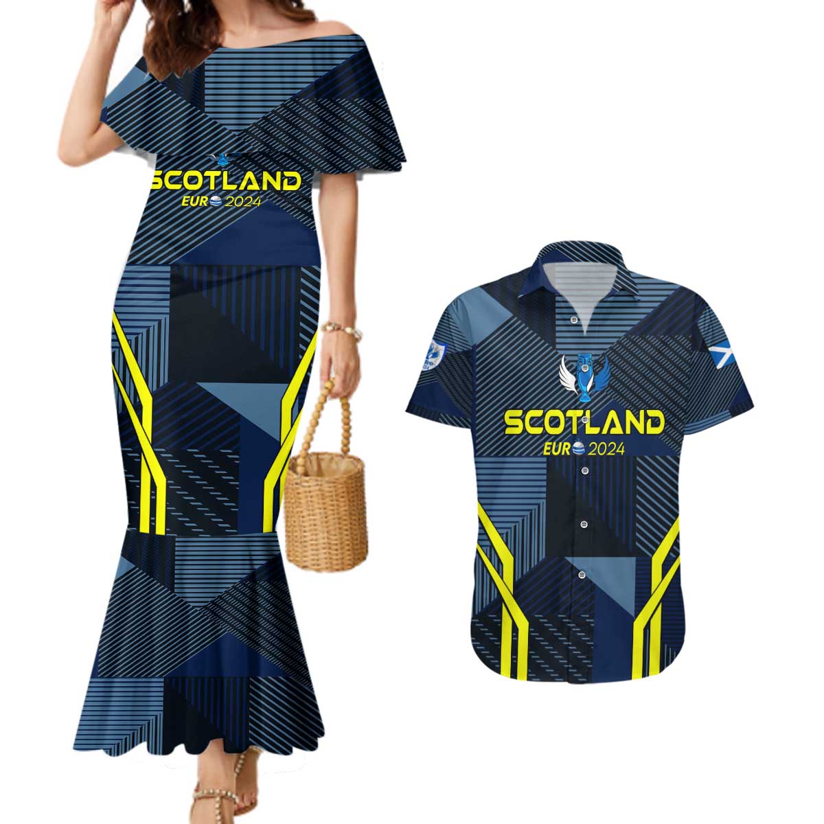 Personalized Scotland Football 2024 Couples Matching Mermaid Dress and Hawaiian Shirt Trophy Wing Style - Wonder Print Shop