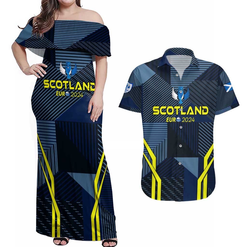 Personalized Scotland Football 2024 Couples Matching Off Shoulder Maxi Dress and Hawaiian Shirt Trophy Wing Style - Wonder Print Shop