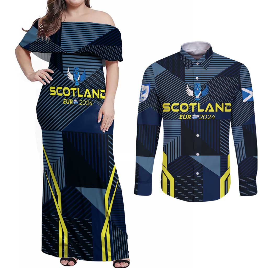 Personalized Scotland Football 2024 Couples Matching Off Shoulder Maxi Dress and Long Sleeve Button Shirt Trophy Wing Style - Wonder Print Shop