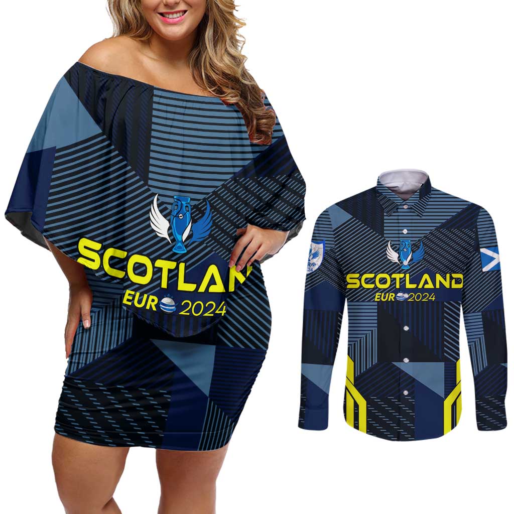 Personalized Scotland Football 2024 Couples Matching Off Shoulder Short Dress and Long Sleeve Button Shirt Trophy Wing Style - Wonder Print Shop